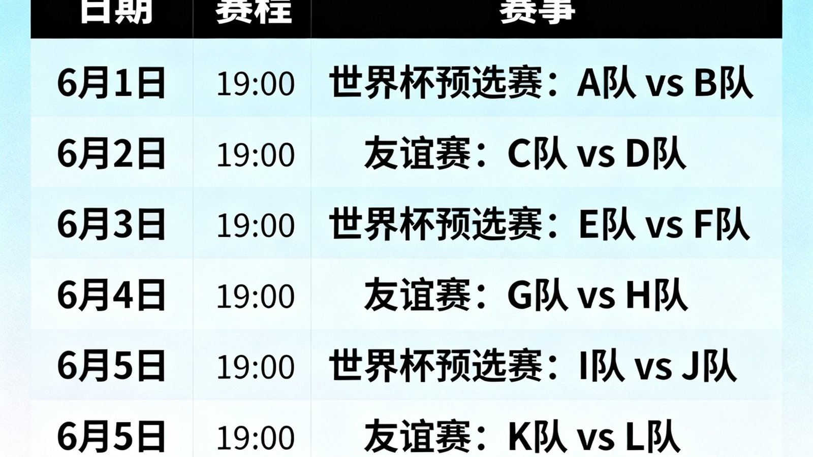 赛程日历界面：六月第一周显示多场世界杯预选赛和友谊赛