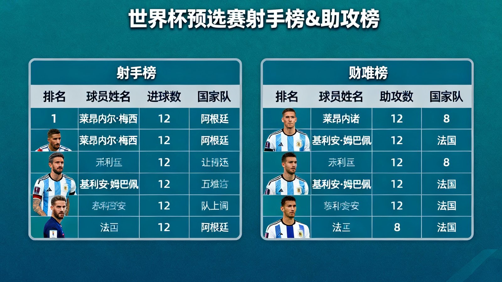 数据仪表盘：显示世界杯预选赛射手榜和助攻榜